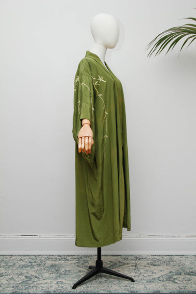 Vintage Oriental Green Satin Kimono with Kaftan Sleeves