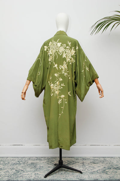 Vintage Oriental Green Satin Kimono with Kaftan Sleeves