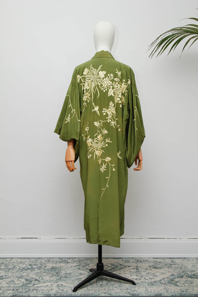 Vintage Oriental Green Satin Kimono with Kaftan Sleeves
