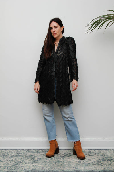 Vintage Lamb Nappa Leather Leaf Jacket-Gothic Black Mesh Statement Piece