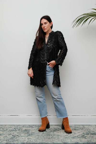 Vintage Lamb Nappa Leather Leaf Jacket-Gothic Black Mesh Statement Piece