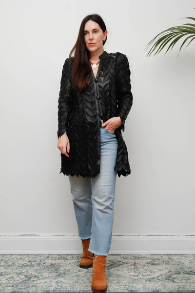 Vintage Lamb Nappa Leather Leaf Jacket-Gothic Black Mesh Statement Piece