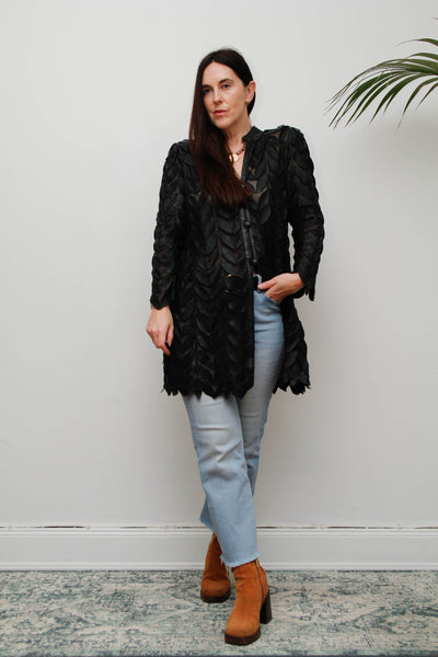 Vintage Lamb Nappa Leather Leaf Jacket-Gothic Black Mesh Statement Piece