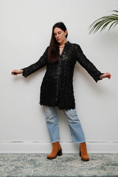 Vintage Lamb Nappa Leather Leaf Jacket-Gothic Black Mesh Statement Piece