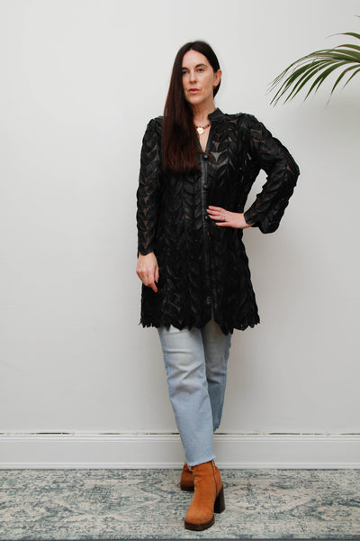 Vintage Lamb Nappa Leather Leaf Jacket-Gothic Black Mesh Statement Piece