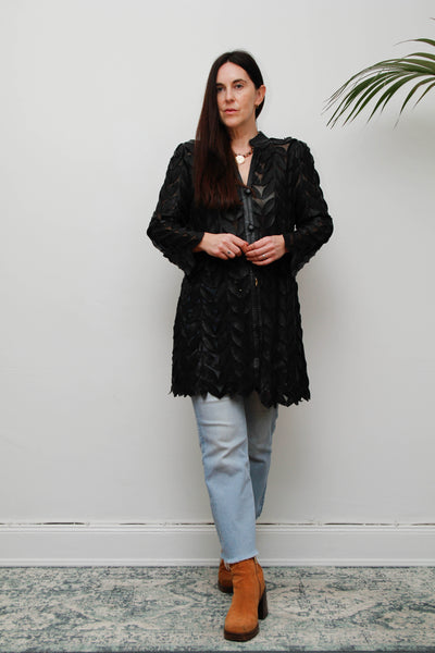 Vintage Lamb Nappa Leather Leaf Jacket-Gothic Black Mesh Statement Piece