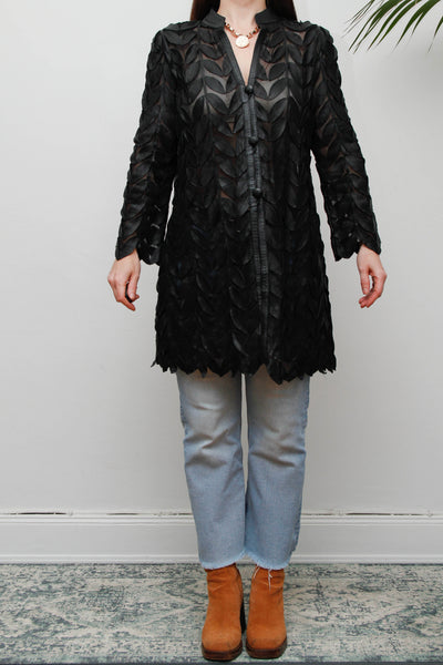 Vintage Lamb Nappa Leather Leaf Jacket-Gothic Black Mesh Statement Piece