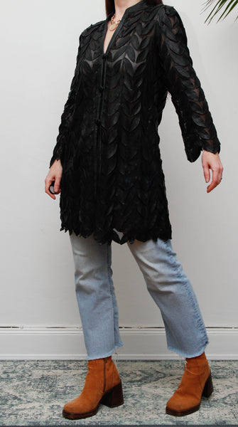 Vintage Lamb Nappa Leather Leaf Jacket-Gothic Black Mesh Statement Piece