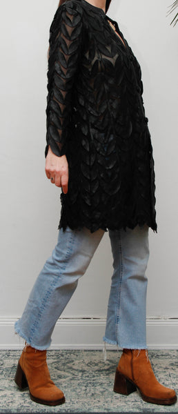 Vintage Lamb Nappa Leather Leaf Jacket-Gothic Black Mesh Statement Piece