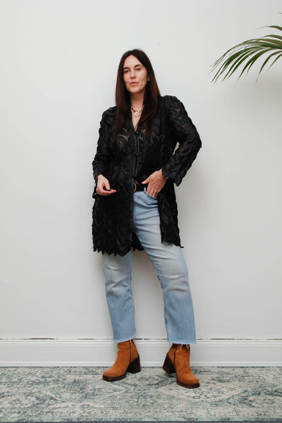 Vintage Lamb Nappa Leather Leaf Jacket-Gothic Black Mesh Statement Piece