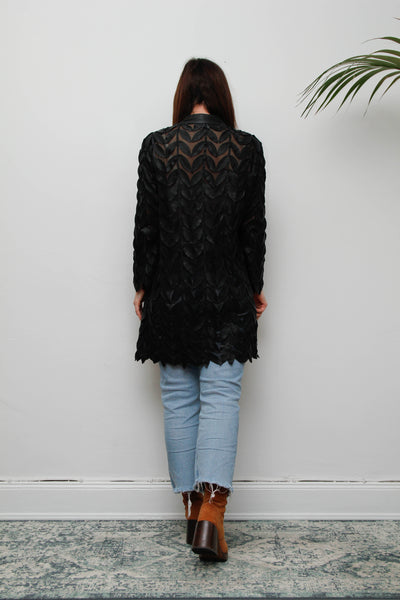 Vintage Lamb Nappa Leather Leaf Jacket-Gothic Black Mesh Statement Piece