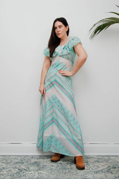 Vintage Prairie Patchwork Cotton Gauze Dress | Floral Bohemian Maxi