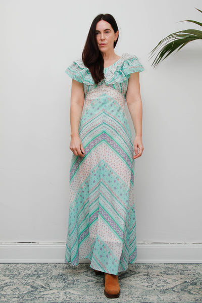 Vintage Prairie Patchwork Cotton Gauze Dress | Floral Bohemian Maxi