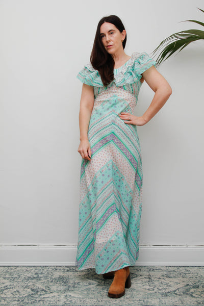 Vintage Prairie Patchwork Cotton Gauze Dress | Floral Bohemian Maxi