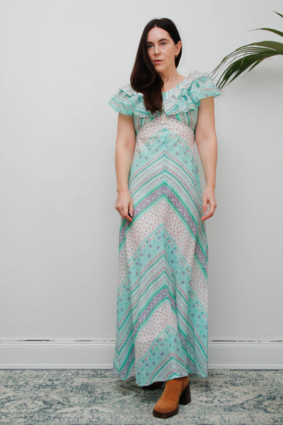 Vintage Prairie Patchwork Cotton Gauze Dress | Floral Bohemian Maxi
