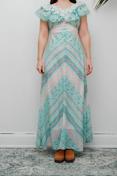Vintage Prairie Patchwork Cotton Gauze Dress | Floral Bohemian Maxi