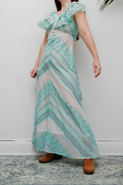 Vintage Prairie Patchwork Cotton Gauze Dress | Floral Bohemian Maxi