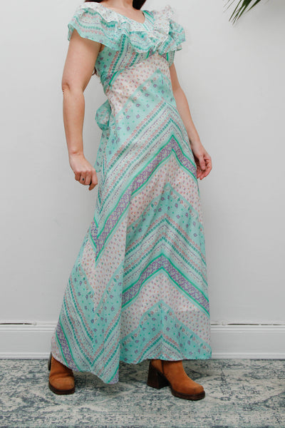 Vintage Prairie Patchwork Cotton Gauze Dress | Floral Bohemian Maxi