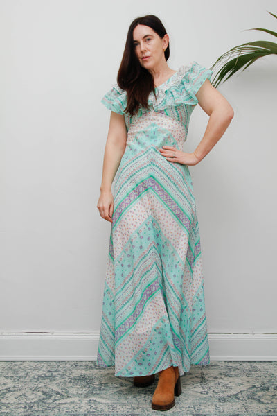 Vintage Prairie Patchwork Cotton Gauze Dress | Floral Bohemian Maxi