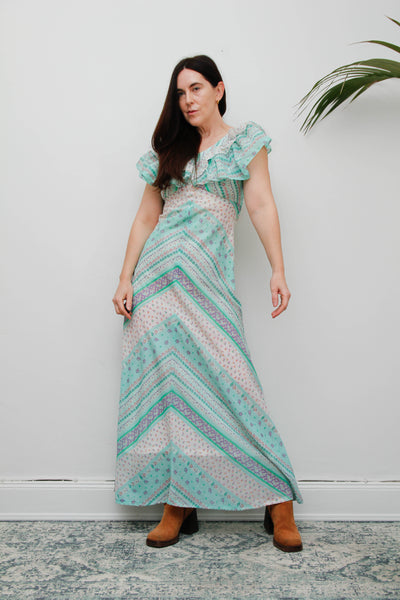 Vintage Prairie Patchwork Cotton Gauze Dress | Floral Bohemian Maxi