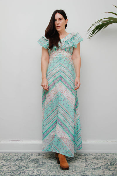 Vintage Prairie Patchwork Cotton Gauze Dress | Floral Bohemian Maxi