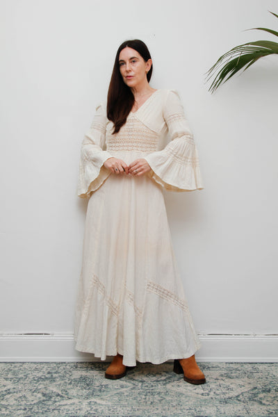 1970s Cream Boho Dream Dress – Vintage Cotton Maxi with Lace Inserts, Flute Sleeves