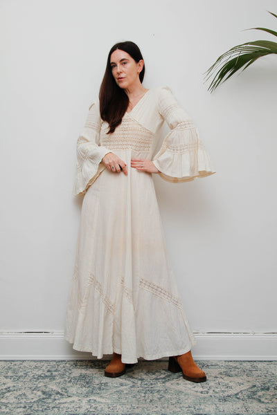 1970s Cream Boho Dream Dress – Vintage Cotton Maxi with Lace Inserts, Flute Sleeves
