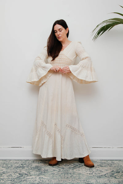 1970s Cream Boho Dream Dress – Vintage Cotton Maxi with Lace Inserts, Flute Sleeves