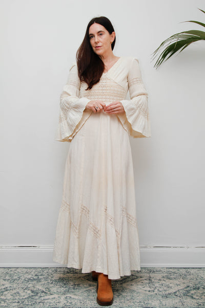 1970s Cream Boho Dream Dress – Vintage Cotton Maxi with Lace Inserts, Flute Sleeves