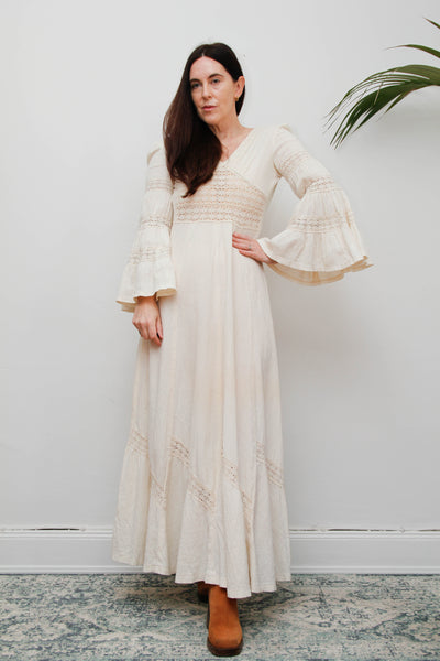1970s Cream Boho Dream Dress – Vintage Cotton Maxi with Lace Inserts, Flute Sleeves