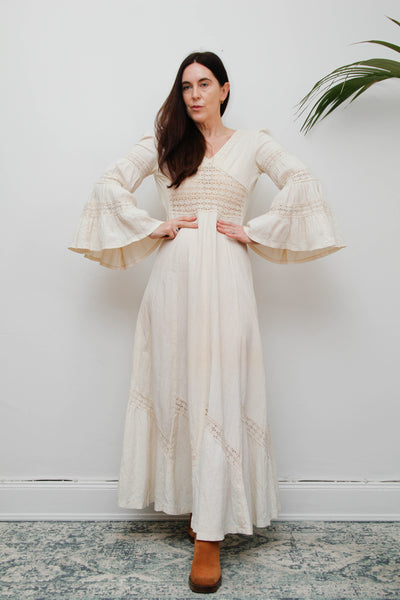 1970s Cream Boho Dream Dress – Vintage Cotton Maxi with Lace Inserts, Flute Sleeves