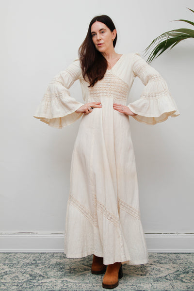 1970s Cream Boho Dream Dress – Vintage Cotton Maxi with Lace Inserts, Flute Sleeves