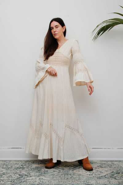 1970s Cream Boho Dream Dress – Vintage Cotton Maxi with Lace Inserts, Flute Sleeves