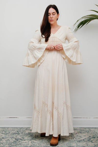 1970s Cream Boho Dream Dress – Vintage Cotton Maxi with Lace Inserts, Flute Sleeves