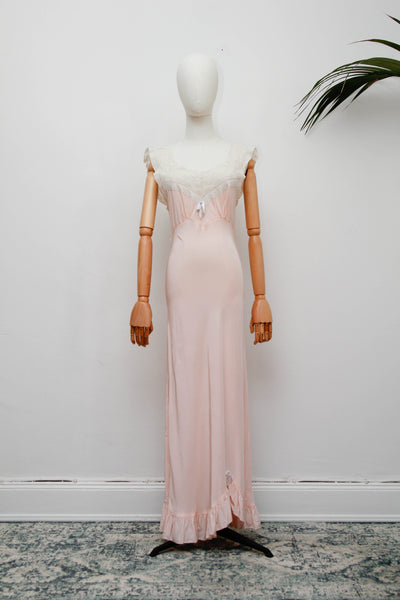 Rare 1930s Bias Cut Silk Nightgown | Pink Lace Embroidered Antique