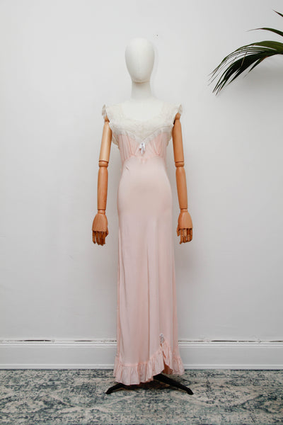 Rare 1930s Bias Cut Silk Nightgown | Pink Lace Embroidered Antique