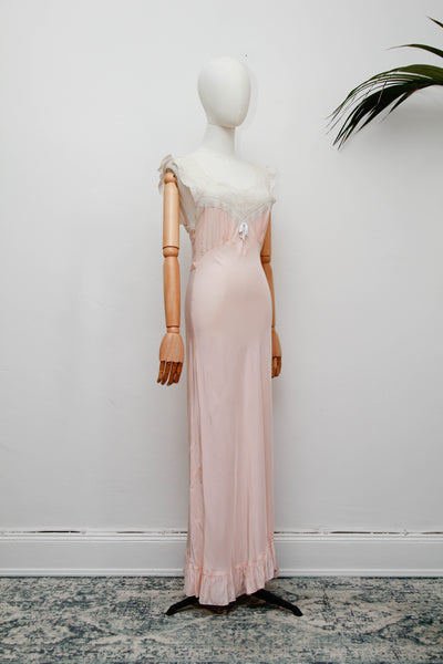 Rare 1930s Bias Cut Silk Nightgown | Pink Lace Embroidered Antique