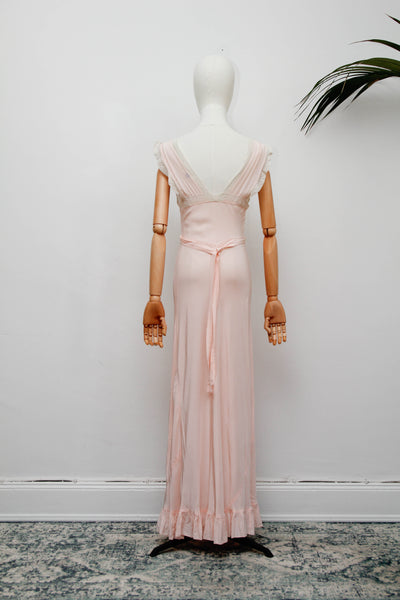 Rare 1930s Bias Cut Silk Nightgown | Pink Lace Embroidered Antique