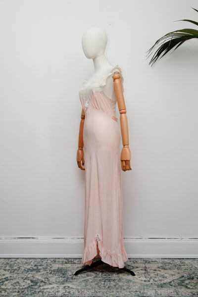 Rare 1930s Bias Cut Silk Nightgown | Pink Lace Embroidered Antique