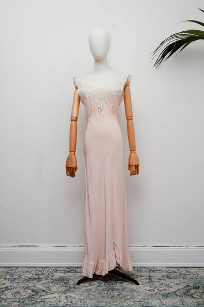 Rare 1930s Bias Cut Silk Nightgown | Pink Lace Embroidered Antique