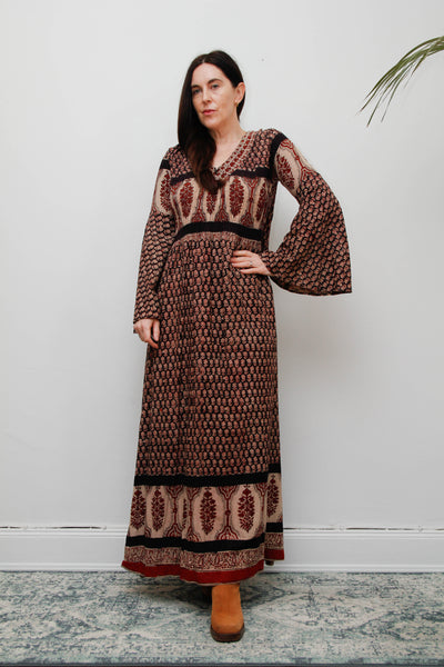 70's Indian Cotton Block Printed Cotton Maxi Dress