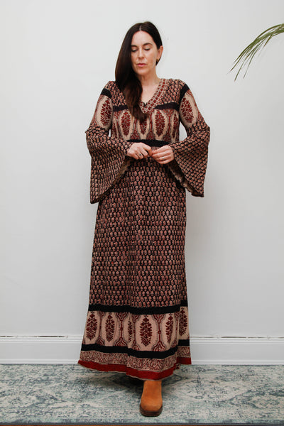 70's Indian Cotton Block Printed Cotton Maxi Dress