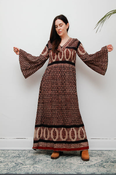 70's Indian Cotton Block Printed Cotton Maxi Dress