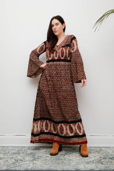 70's Indian Cotton Block Printed Cotton Maxi Dress