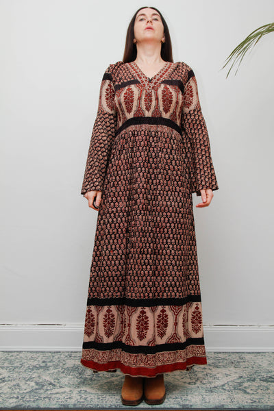 70's Indian Cotton Block Printed Cotton Maxi Dress