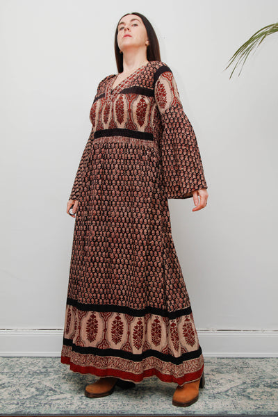 70's Indian Cotton Block Printed Cotton Maxi Dress