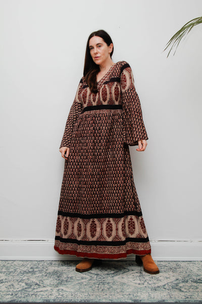 70's Indian Cotton Block Printed Cotton Maxi Dress