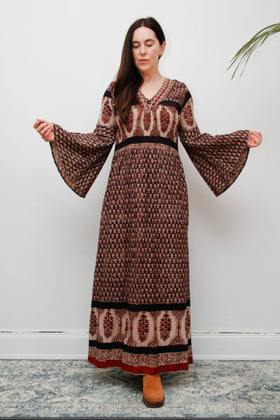 70's Indian Cotton Block Printed Cotton Maxi Dress