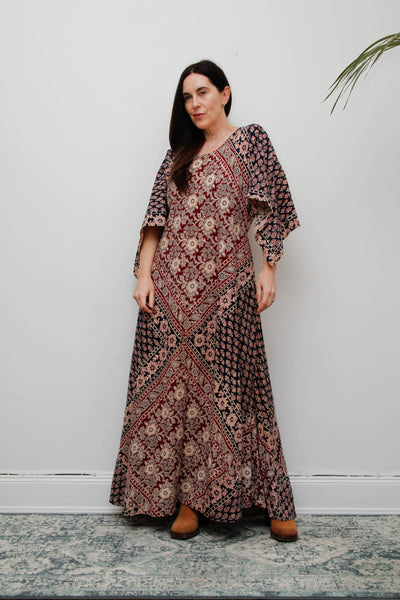 Rare 1970s Indian Cotton Block Print Kaftan Maxi Dress, Bohemian Vintage
