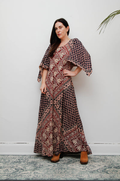 Rare 1970s Indian Cotton Block Print Kaftan Maxi Dress, Bohemian Vintage